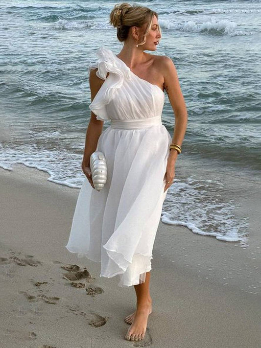 Cocolii robe longue une épaule fluide à volantée dos nu sans manches femme élégant décontracté de plage