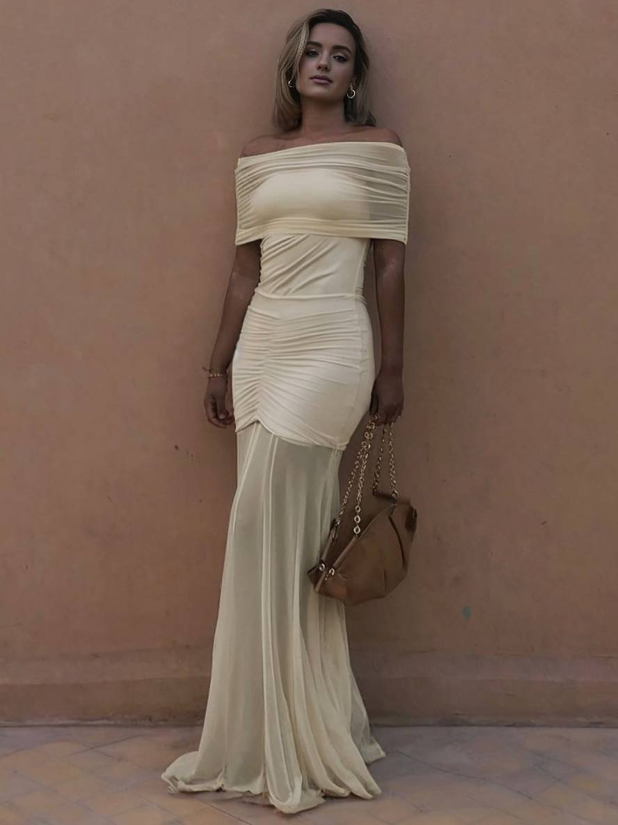 Cocolii robe longue moulante col bateau sans manches tulle fluide femme élégant de soirée pour mariage cérémonie