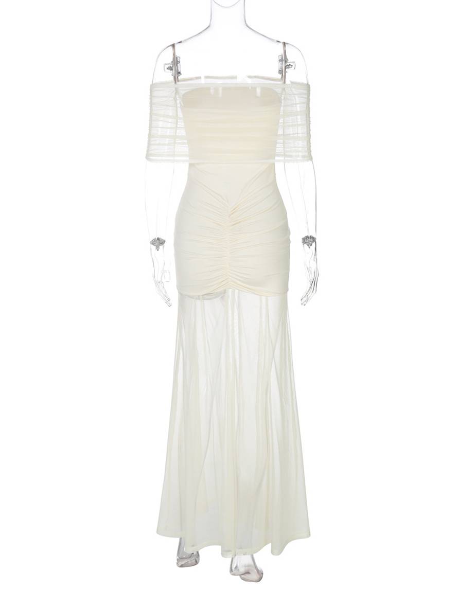 Cocolii robe longue moulante col bateau sans manches tulle fluide femme élégant de soirée pour mariage cérémonie