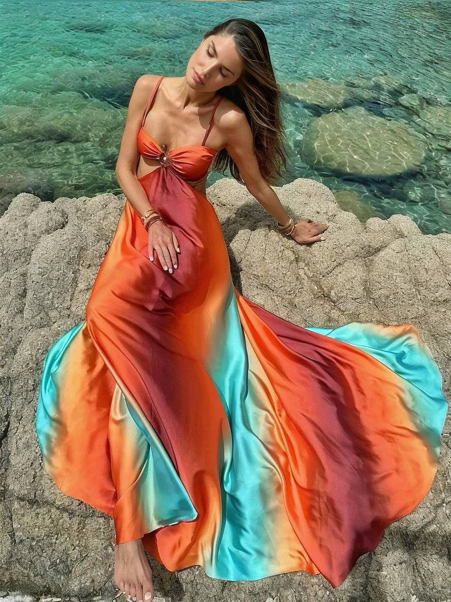 Cocolii robe longue découpes trapèze couleur dégradé bustier à fines brides dos nu sans manches femme décontracté de plage