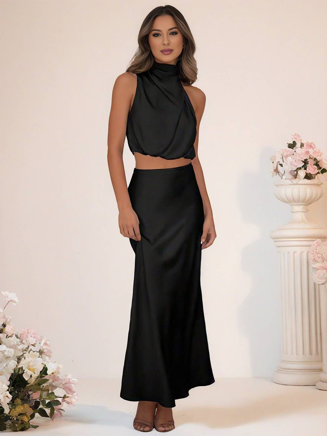 Cocolii robe demoiselle d'honneur satin col roulé sans manches cropped longue jupe femme élégant robe temoin de mariage