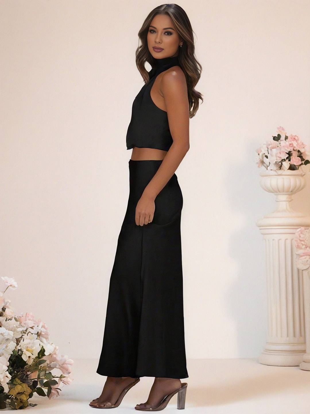 Cocolii robe demoiselle d'honneur satin col roulé sans manches cropped longue jupe femme élégant robe temoin de mariage