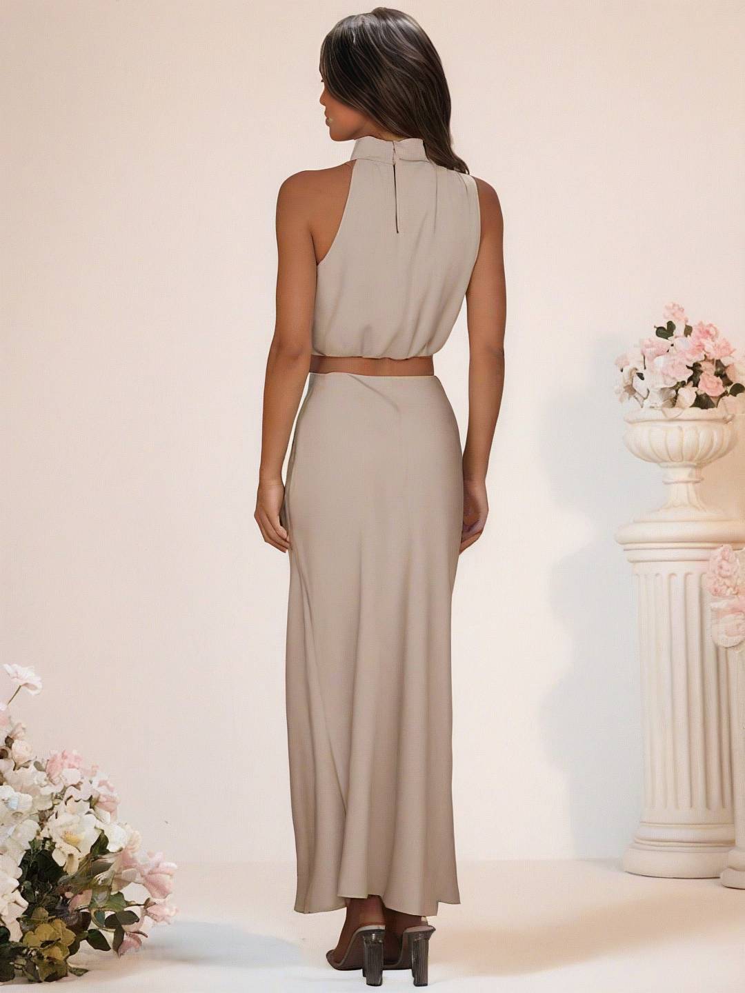 Cocolii robe demoiselle d'honneur satin col roulé sans manches cropped longue jupe femme élégant robe temoin de mariage