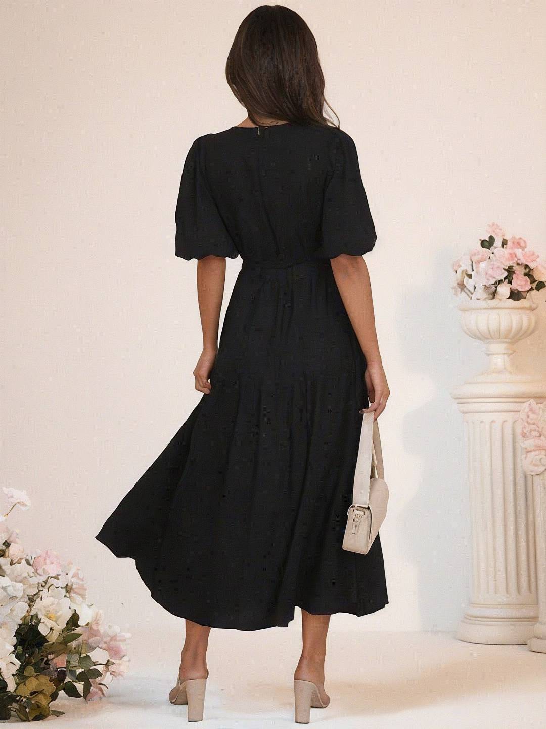 Cocolii longue robe boho v-cou à volantée manches bouffantes manches courtes élégant décontracté de plage anniversaire