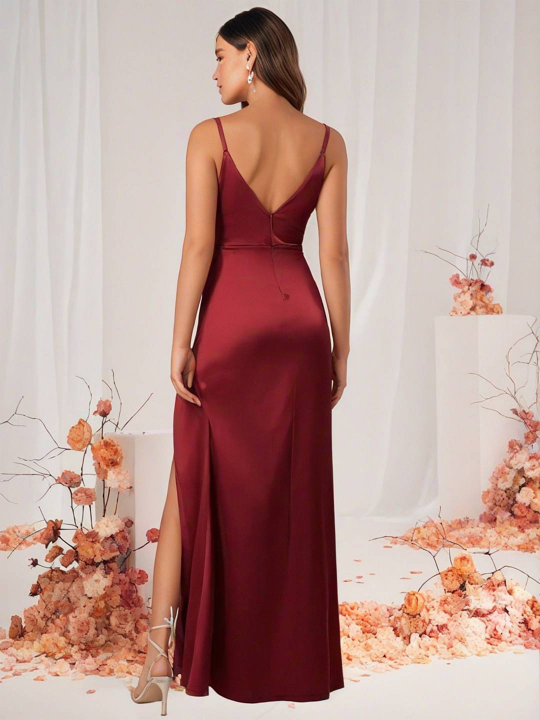 Cocolii robe demoiselle d'honneur robe en satin v-cou fendu dos nu sans manches femme de soirée invité mariage