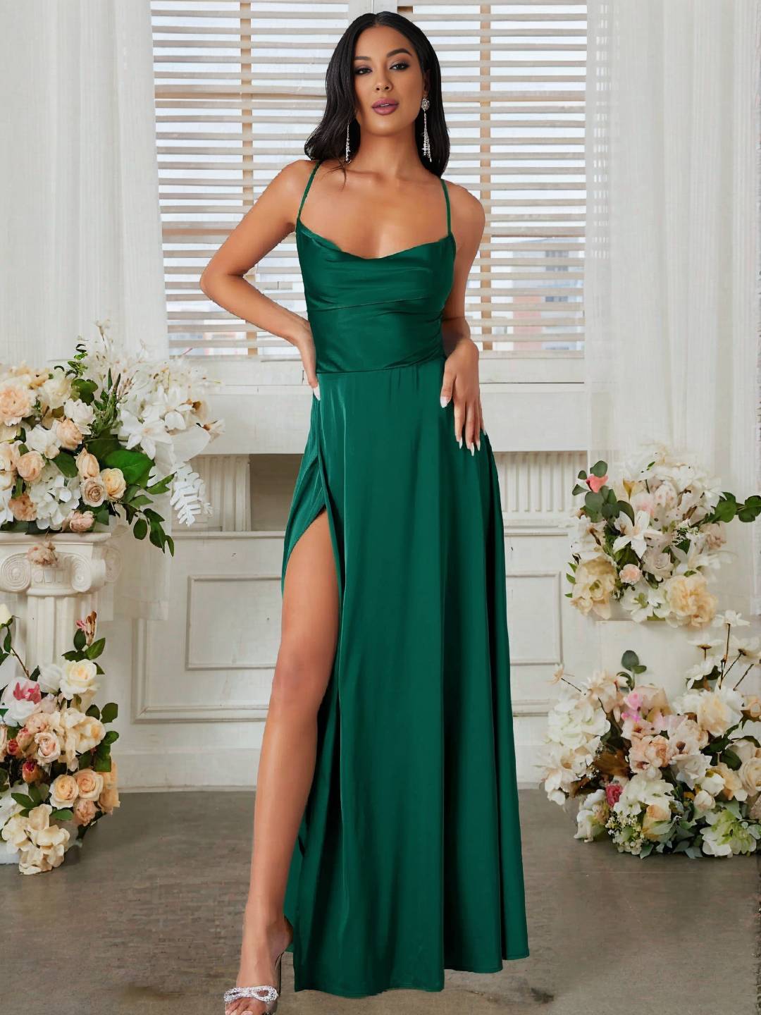 Cocolii robe longue en satin fendu le côté dos nu à fines brides sans manches femme élégant de soirée pour mariage cérémonie