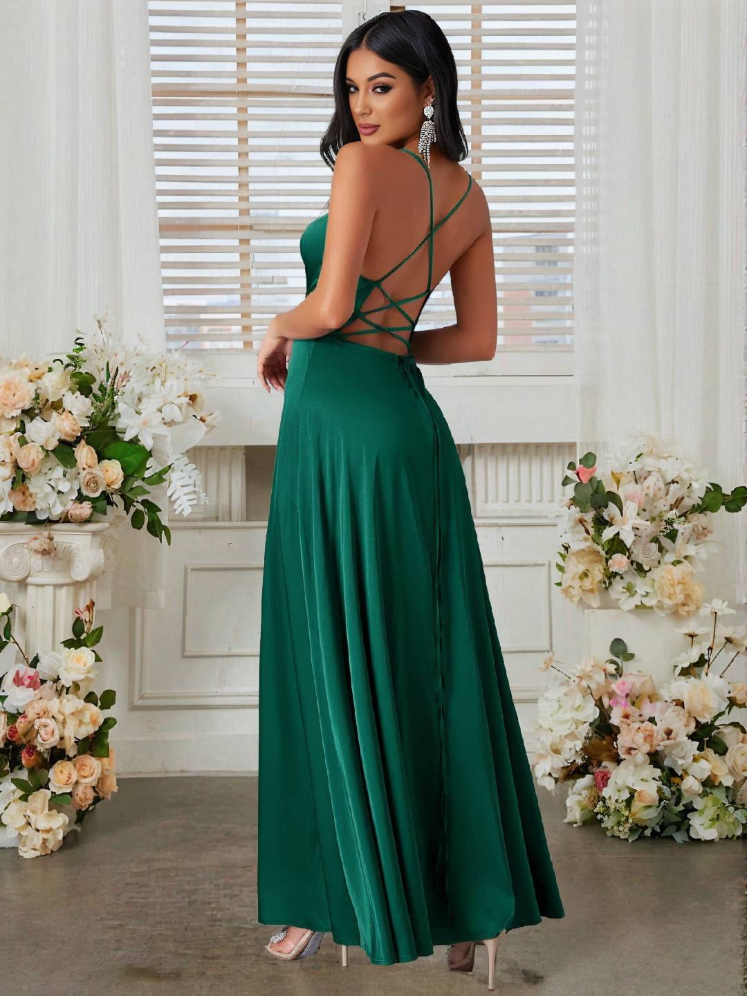 Cocolii robe longue en satin fendu le côté dos nu à fines brides sans manches femme élégant de soirée pour mariage cérémonie