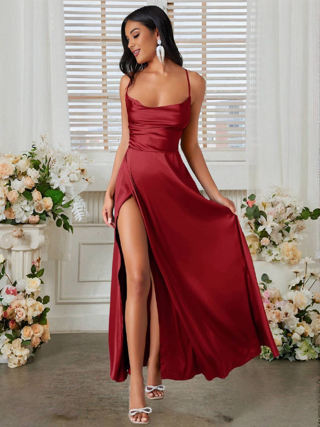 Cocolii robe longue en satin fendu le côté dos nu à fines brides sans manches femme élégant de soirée pour mariage cérémonie