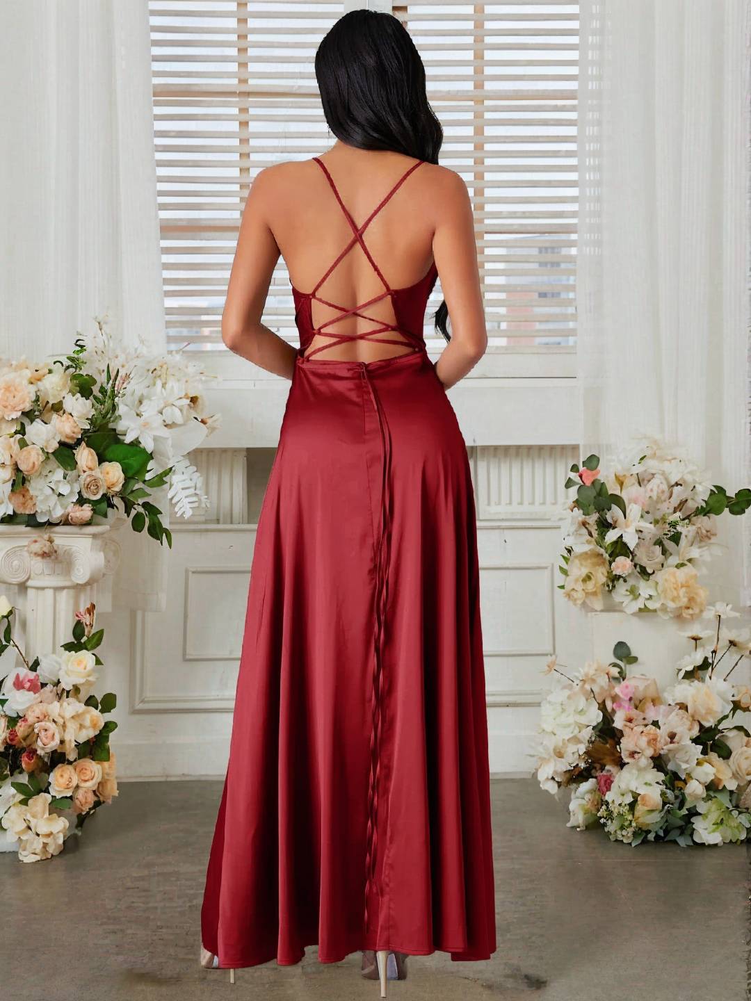 Cocolii robe longue en satin fendu le côté dos nu à fines brides sans manches femme élégant de soirée pour mariage cérémonie