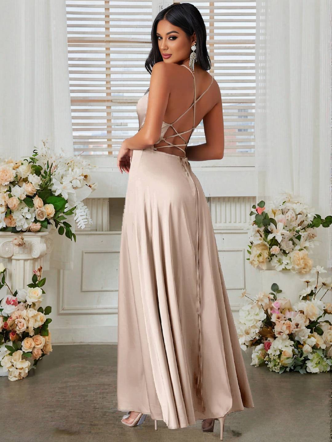 Cocolii robe longue en satin fendu le côté dos nu à fines brides sans manches femme élégant de soirée pour mariage cérémonie