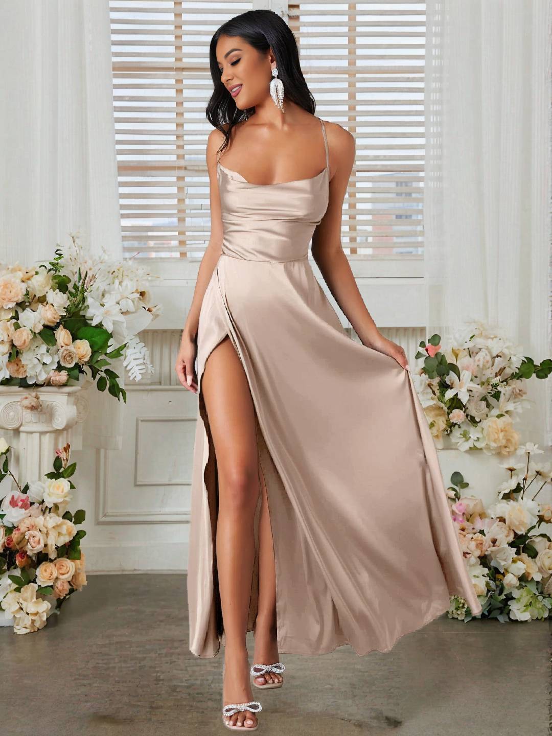 Cocolii robe longue en satin fendu le côté dos nu à fines brides sans manches femme élégant de soirée pour mariage cérémonie