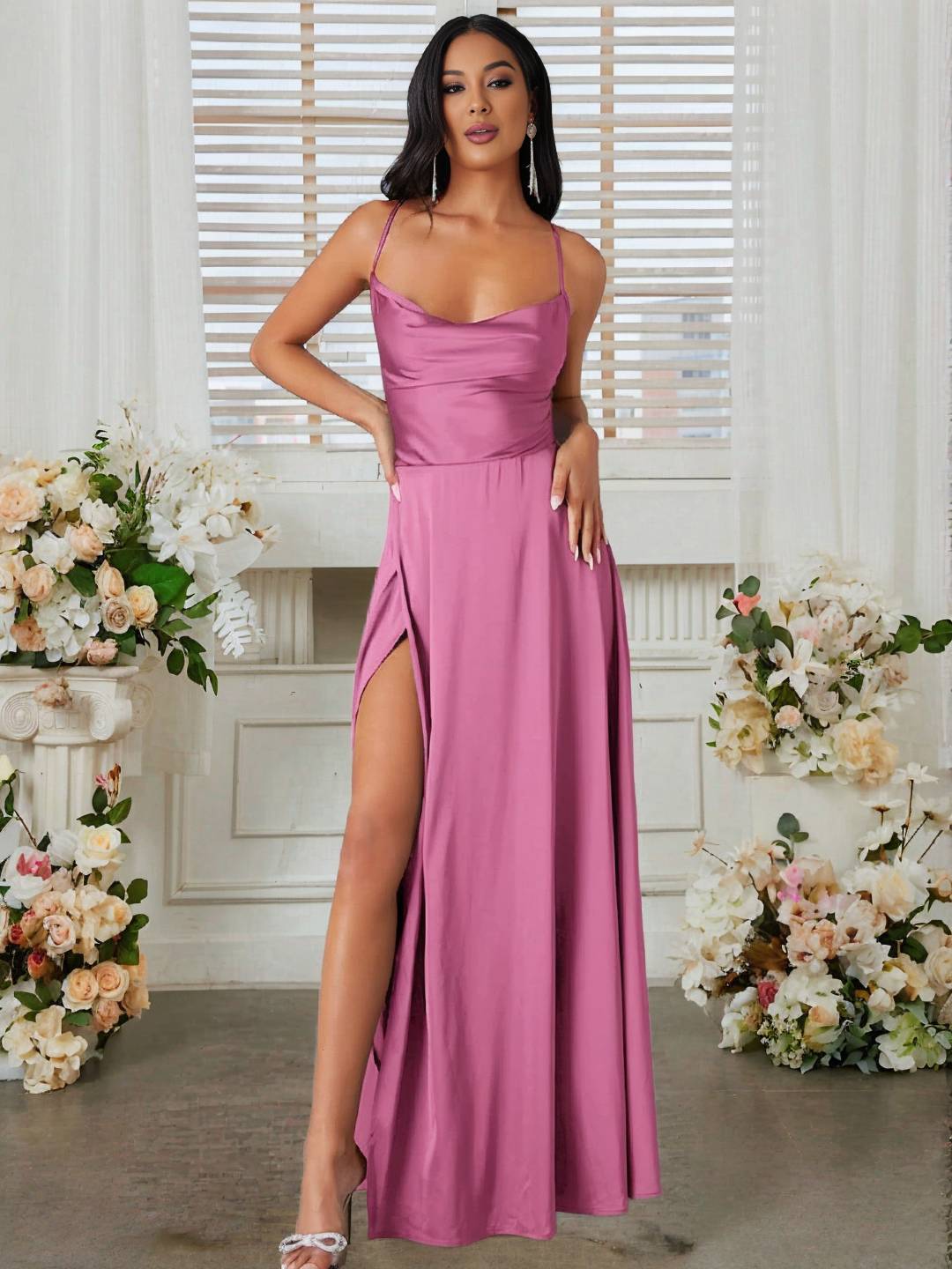 Cocolii robe longue en satin fendu le côté dos nu à fines brides sans manches femme élégant de soirée pour mariage cérémonie