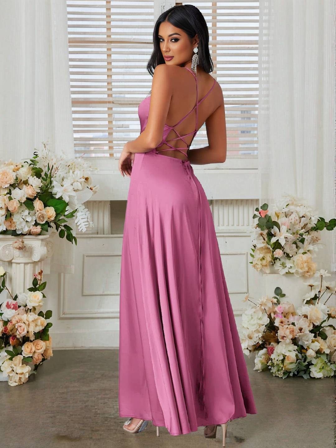 Cocolii robe longue en satin fendu le côté dos nu à fines brides sans manches femme élégant de soirée pour mariage cérémonie
