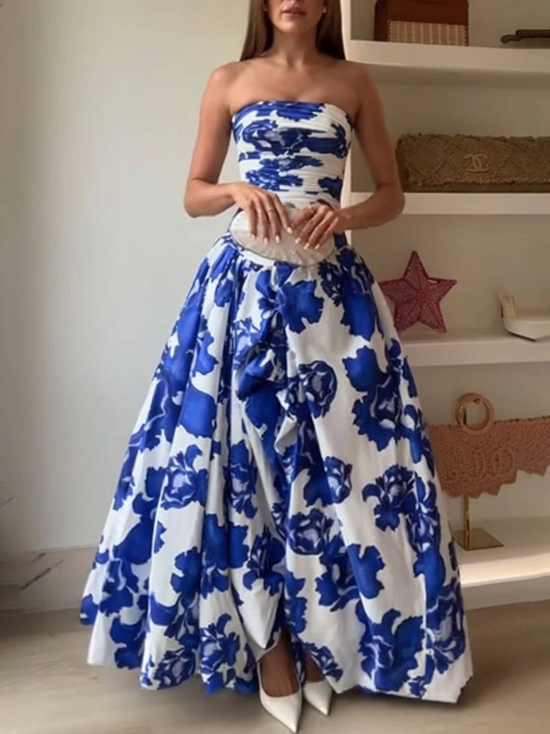 Cocolii robe longue trapèze imprimé à fleurie bustier fendu le côté sans manches femme élégant vintage bal de promo cérémonie