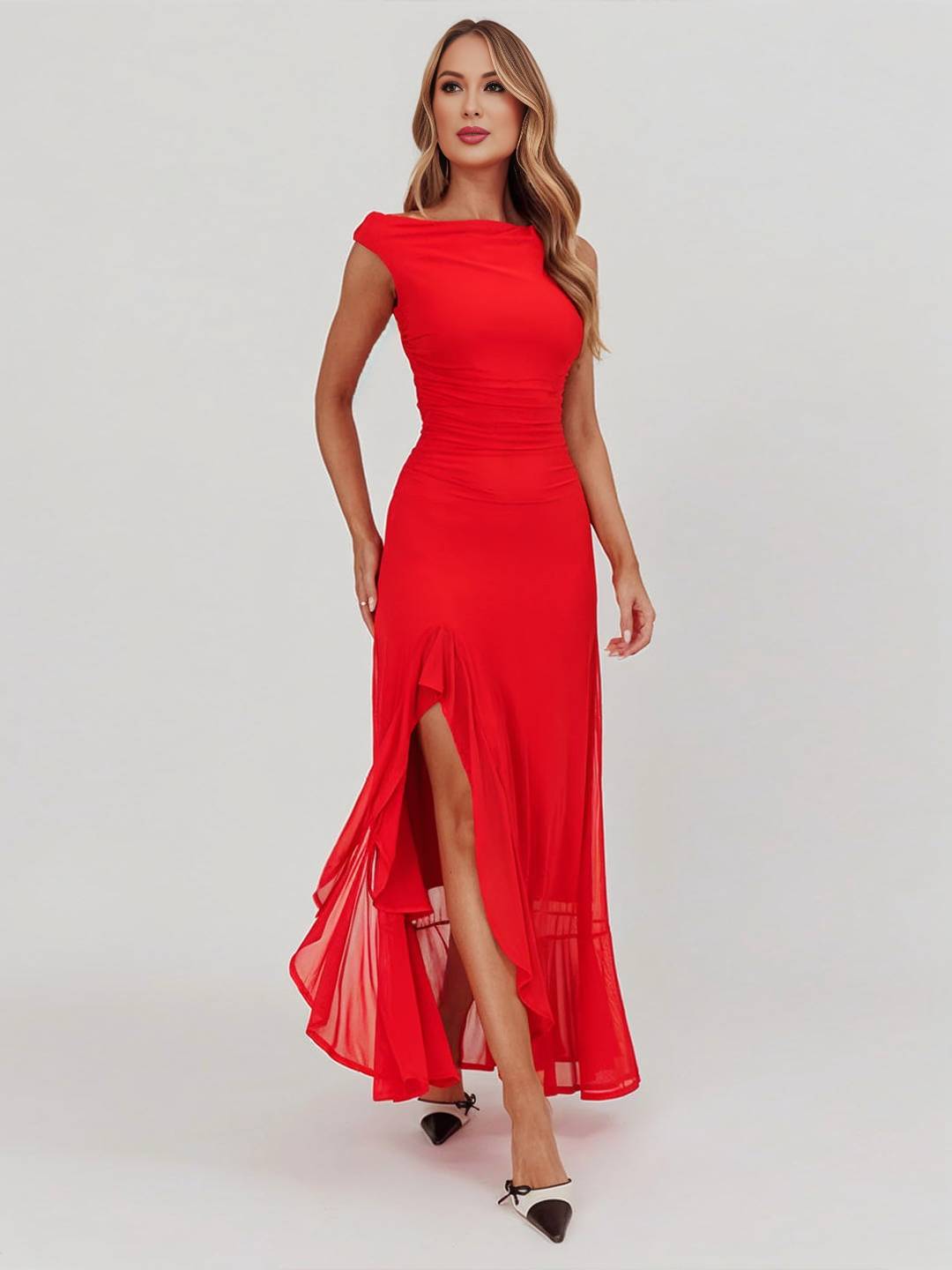 Cocolii robe longue moulante tulle une épaule fendu le côté à volantée sans manches femme élégant de soirée bal de promo