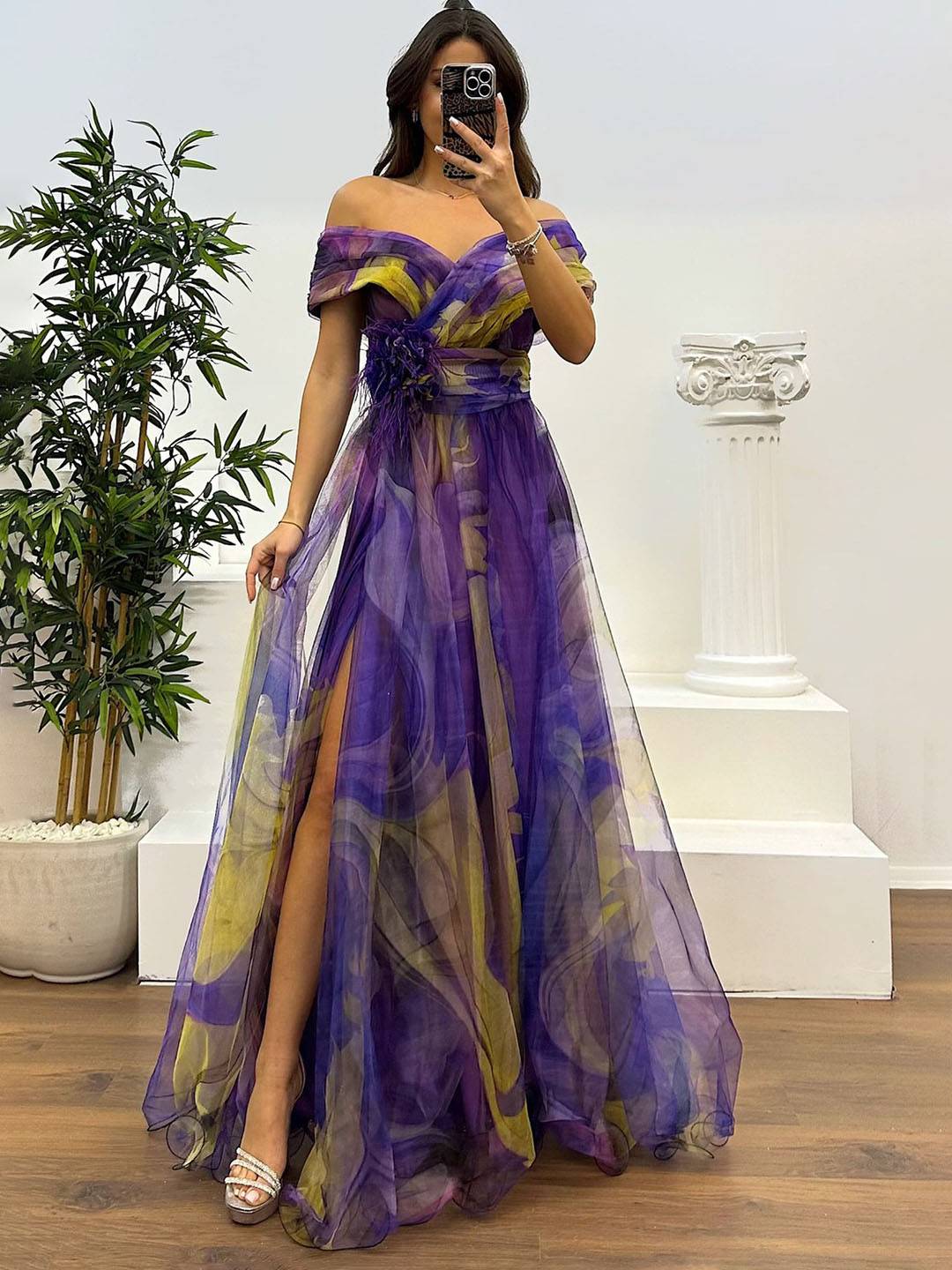 Cocolii splendide longue robe en tulle imprimé à fleurie col bateau fendu le côté sans manches femme élégant vintage de soirée