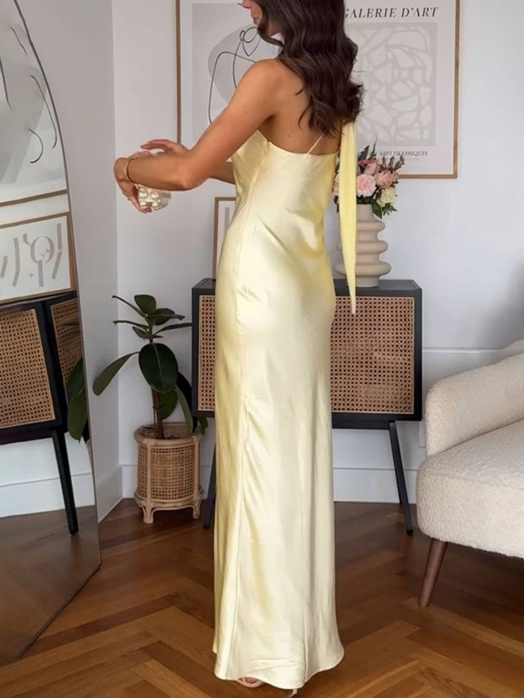 Cocolii robe longue en satin moulante une épaule licou dos nu sans manches femme doux élégant bal de promo de plage