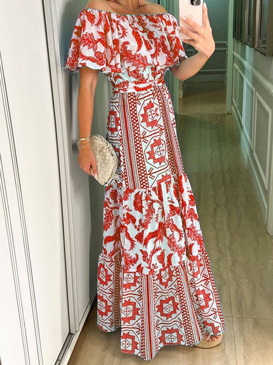 Cocolii robe longue col bateau mprimé géométrique à volantée femme casual doux bohème de plage