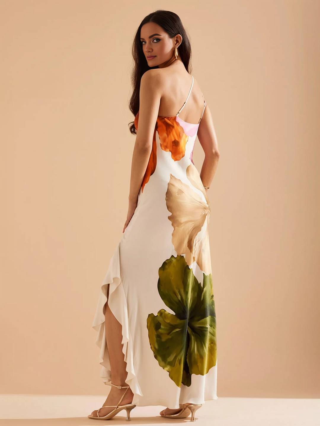 Cocolii robe longue une épaule imprimé à fleurie fendu le côté irrégulière à volantée sans manches élégant de soirée cérémonie