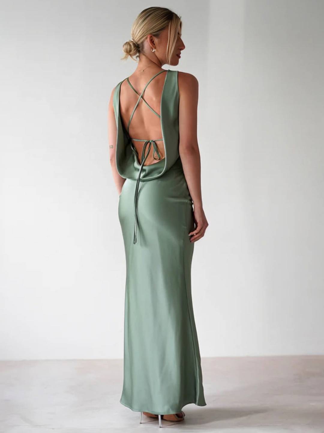 Cocolii robe longue moulante col rond croisé dos dos nu sans manches femme casual élégant bal de promo cérémonie