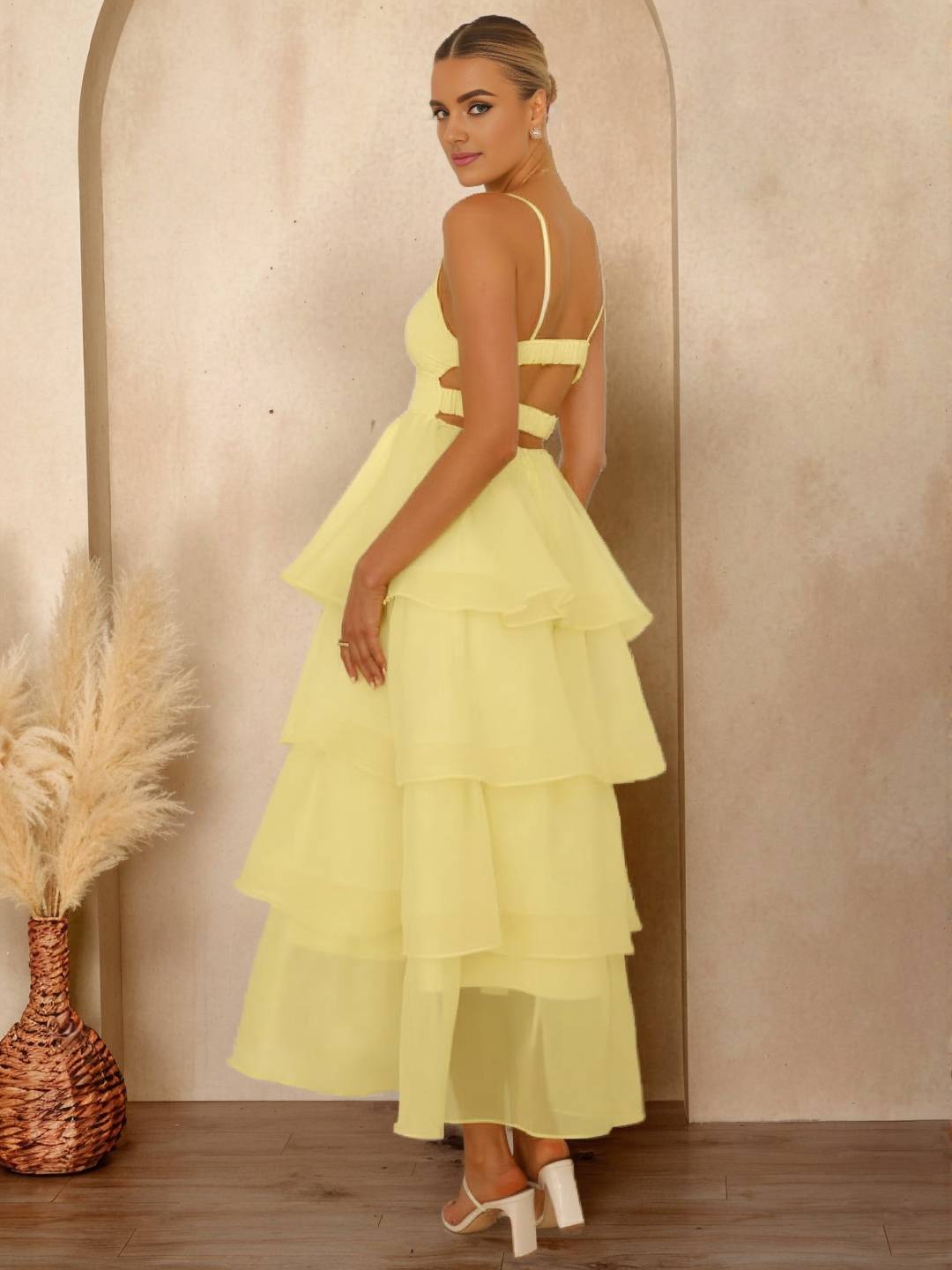 Cocolii longue robe tulle à volants étagés v-cou à fines brides dos nu sans manches femme élégant bal de promo de soirée anniversaire