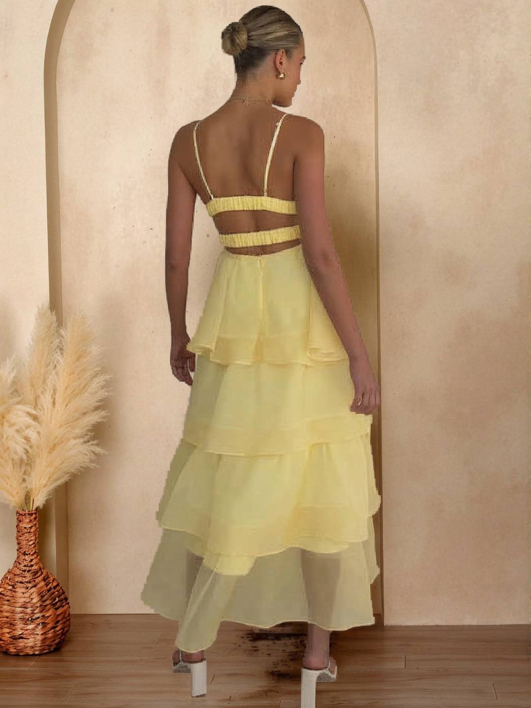 Cocolii longue robe tulle à volants étagés v-cou à fines brides dos nu sans manches femme élégant bal de promo de soirée anniversaire