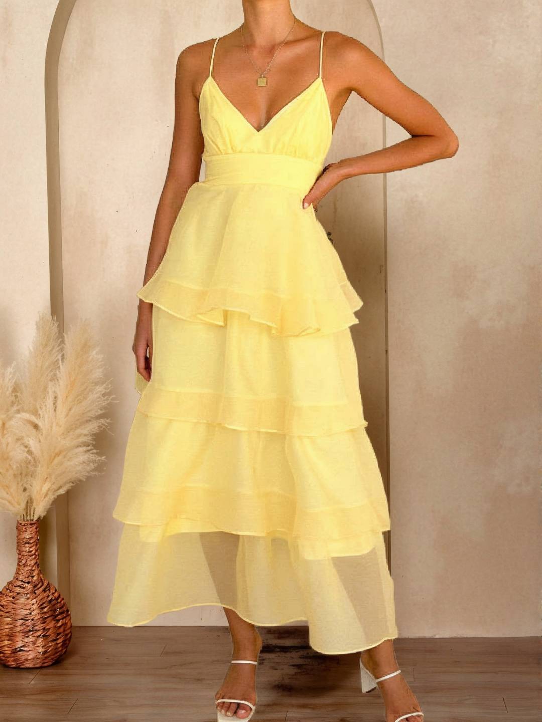 Cocolii longue robe tulle à volants étagés v-cou à fines brides dos nu sans manches femme élégant bal de promo de soirée anniversaire