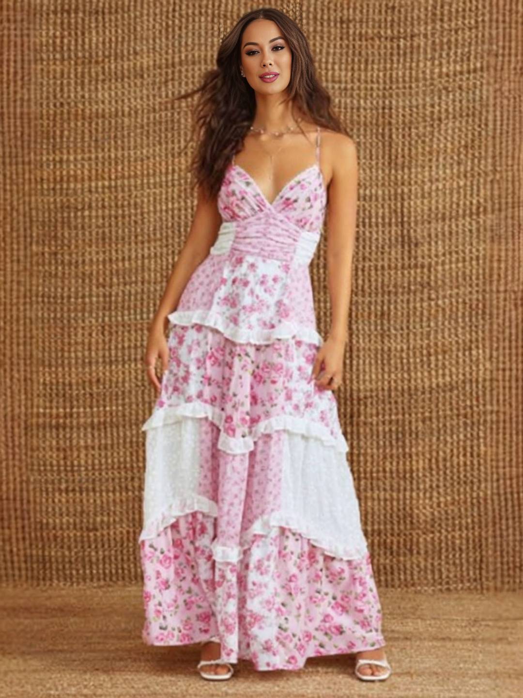 Cocolii robe longue couleur bloc imprimé à fleurie à volantée à fines brides v-cou sans manches femme bohème décontracté de plage