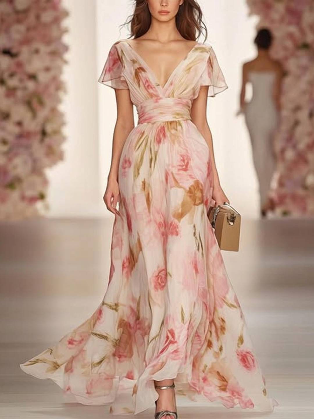 Cocolii longue robe imprimé à fleurie v-cou manches courtes femme doux élégant de soirée bal de promo cérémonie de plage