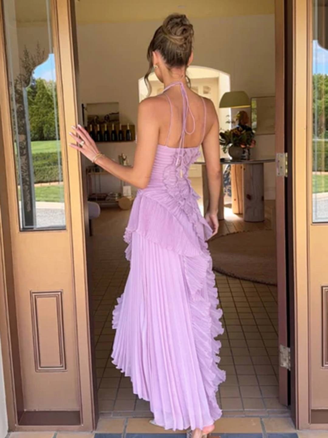 Cocolii longue robe anniversaire irrégulière fendu le côté plissé dos nu licou sans manches élégant pour mariage cérémonie