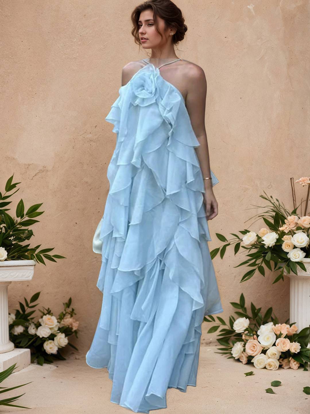 Cocolii longue robe de soirée licou à volantée dos nu à fines brides sans manches élégant robe anniversaire chic et romantique