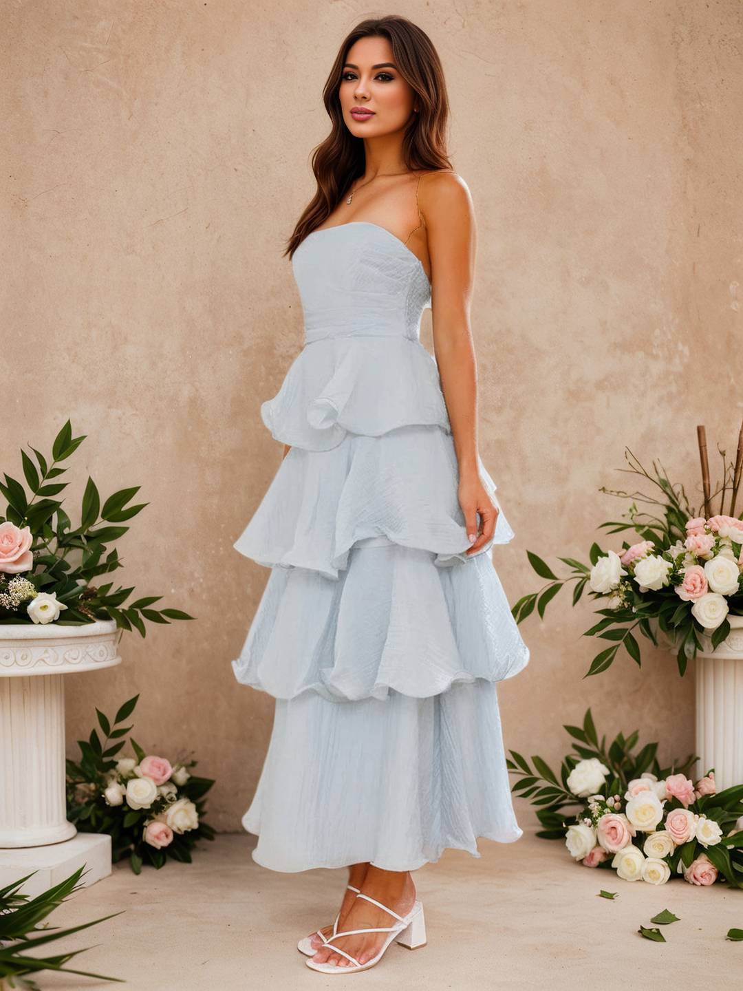 Cocolii longue robe anniversaire bustier à volants étagés dos nu élégant de fete pour soirées cocktails et mariages