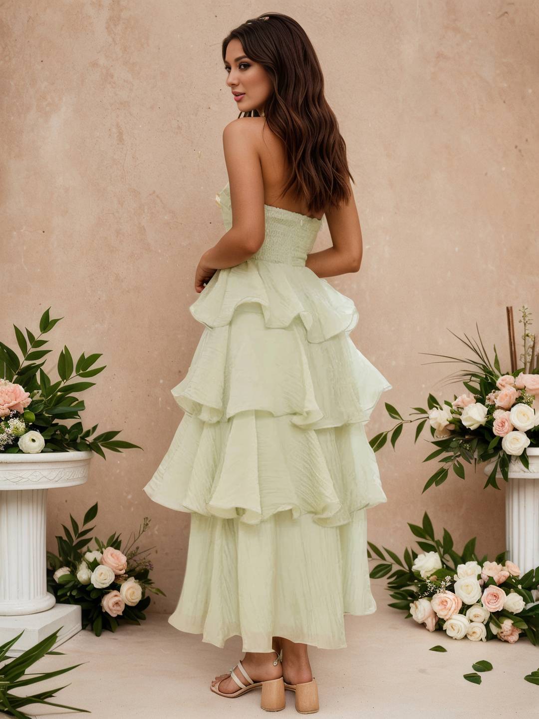 Cocolii longue robe anniversaire bustier à volants étagés dos nu élégant de fete pour soirées cocktails et mariages