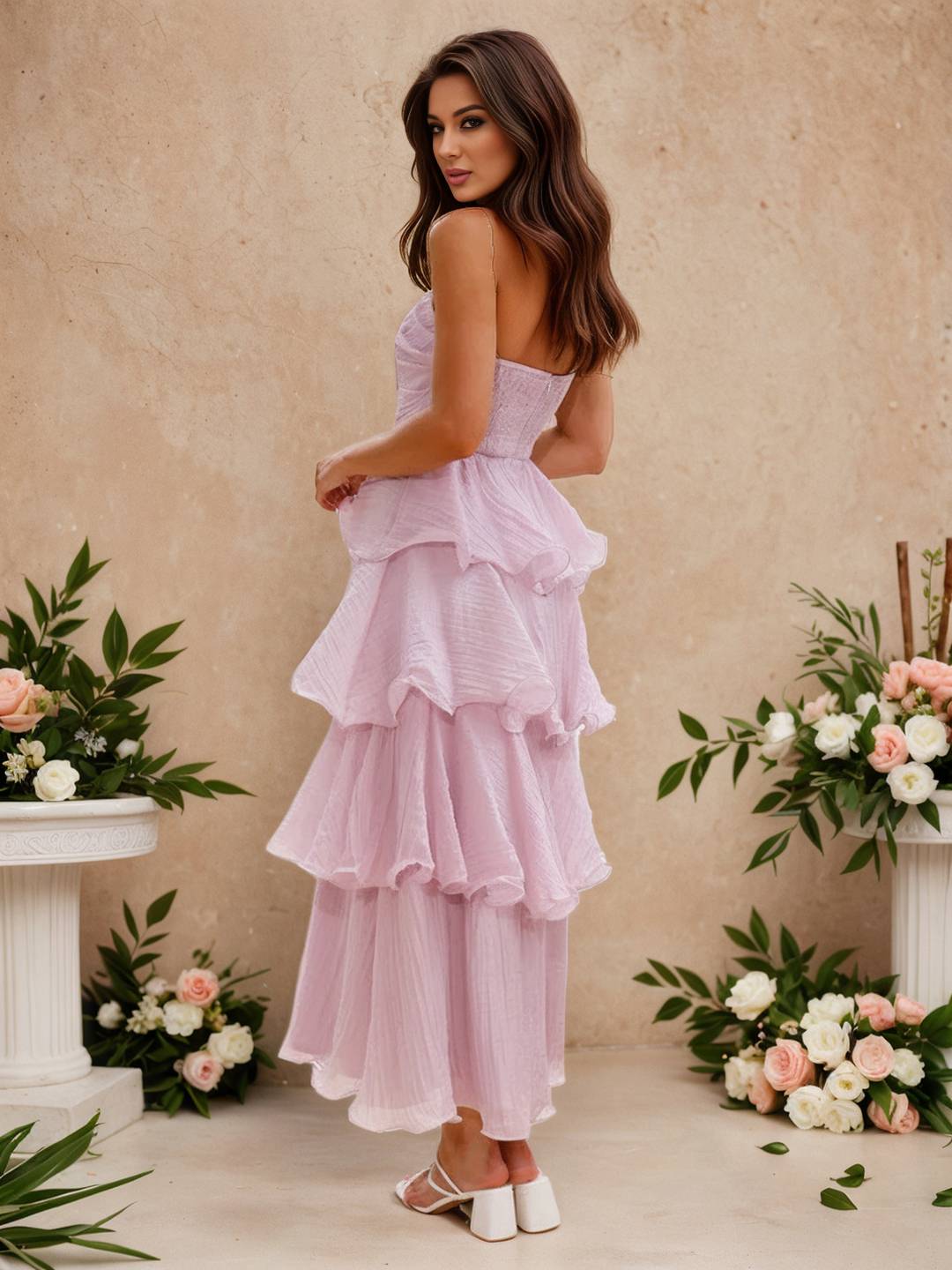 Cocolii longue robe anniversaire bustier à volants étagés dos nu élégant de fete pour soirées cocktails et mariages