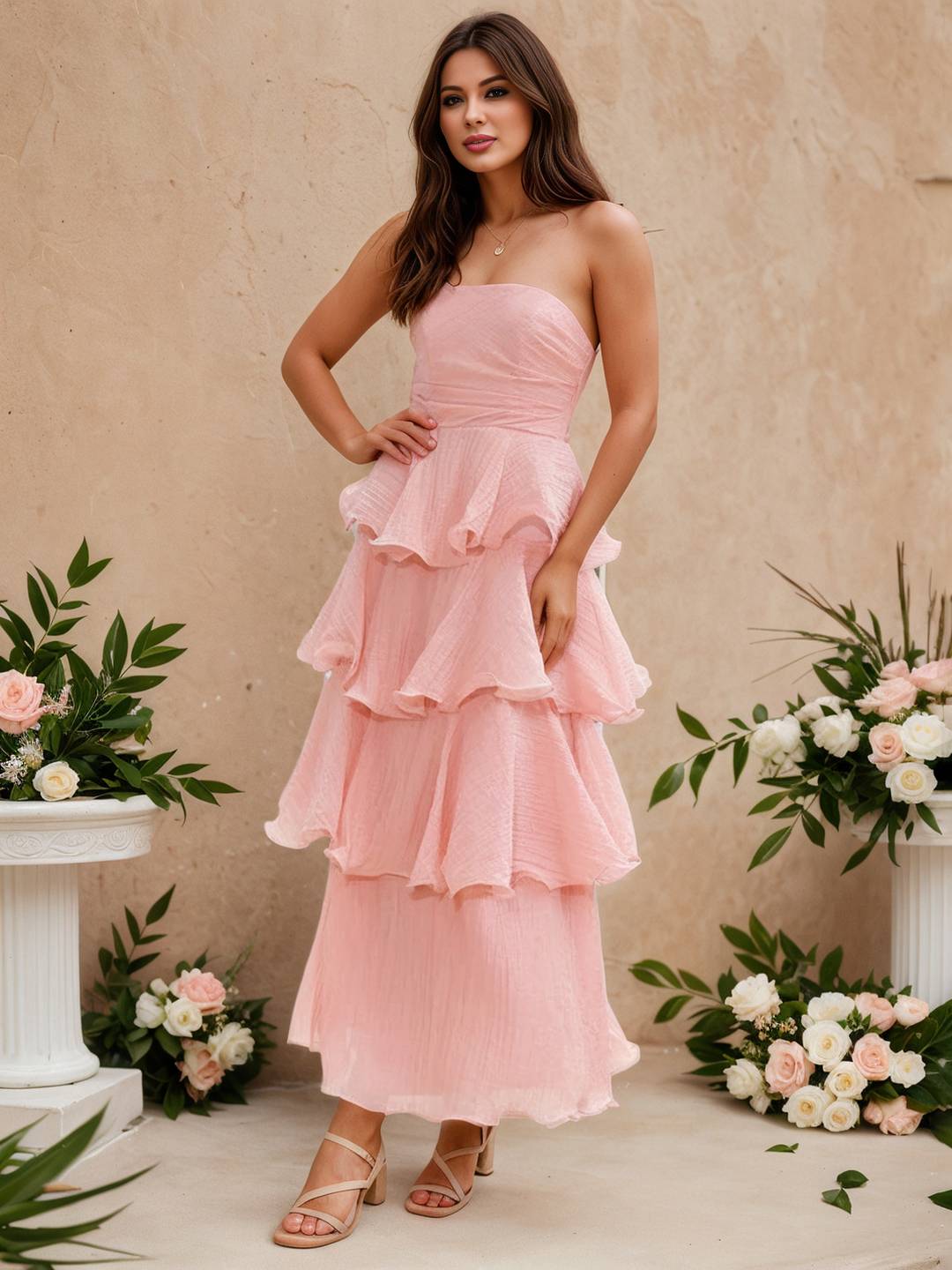 Cocolii longue robe anniversaire bustier à volants étagés dos nu élégant de fete pour soirées cocktails et mariages