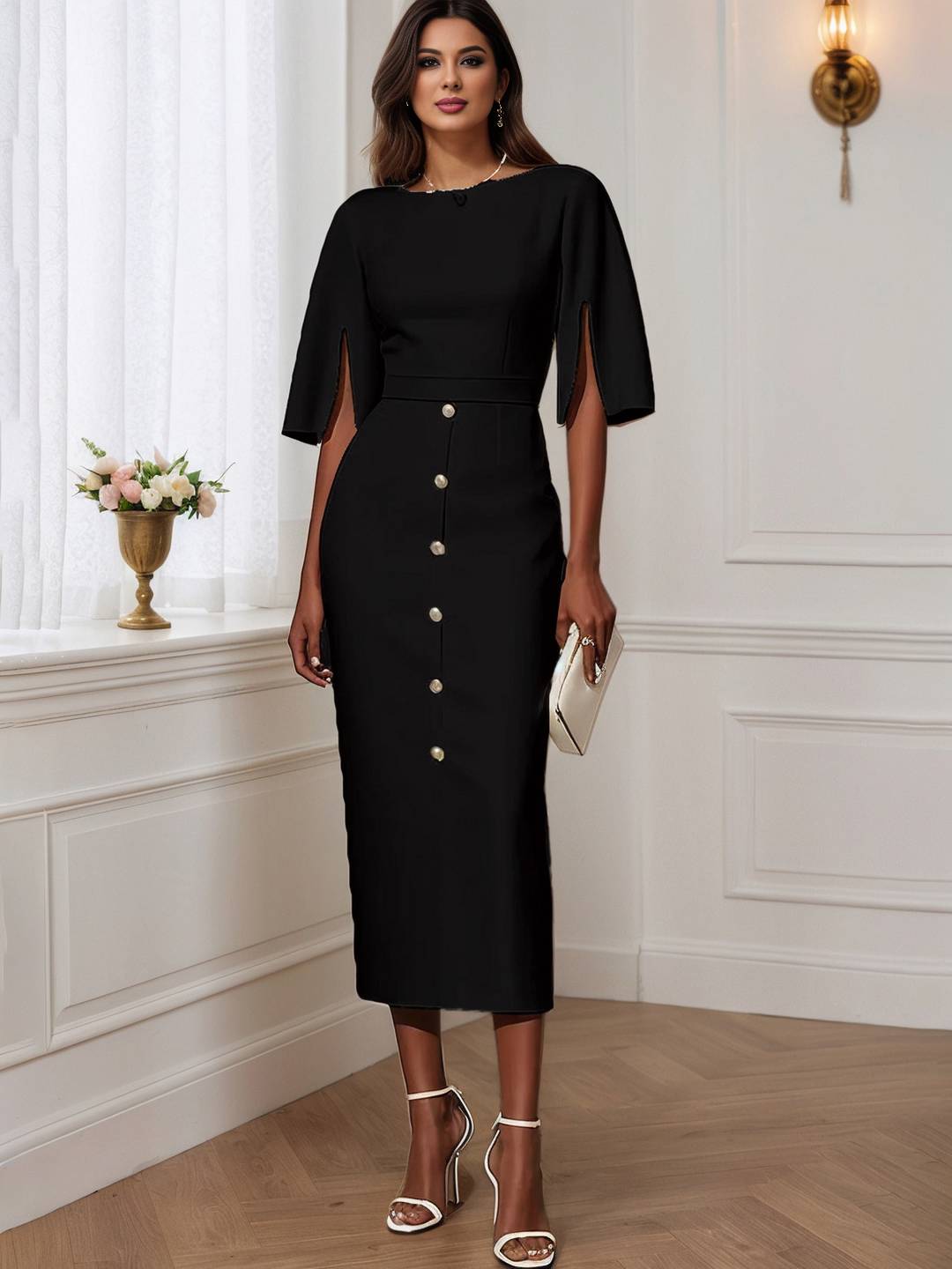 Cocolii robe longue moulante unicolore col rond manches fendues manches courtes élégant pour le bureau et les soirées