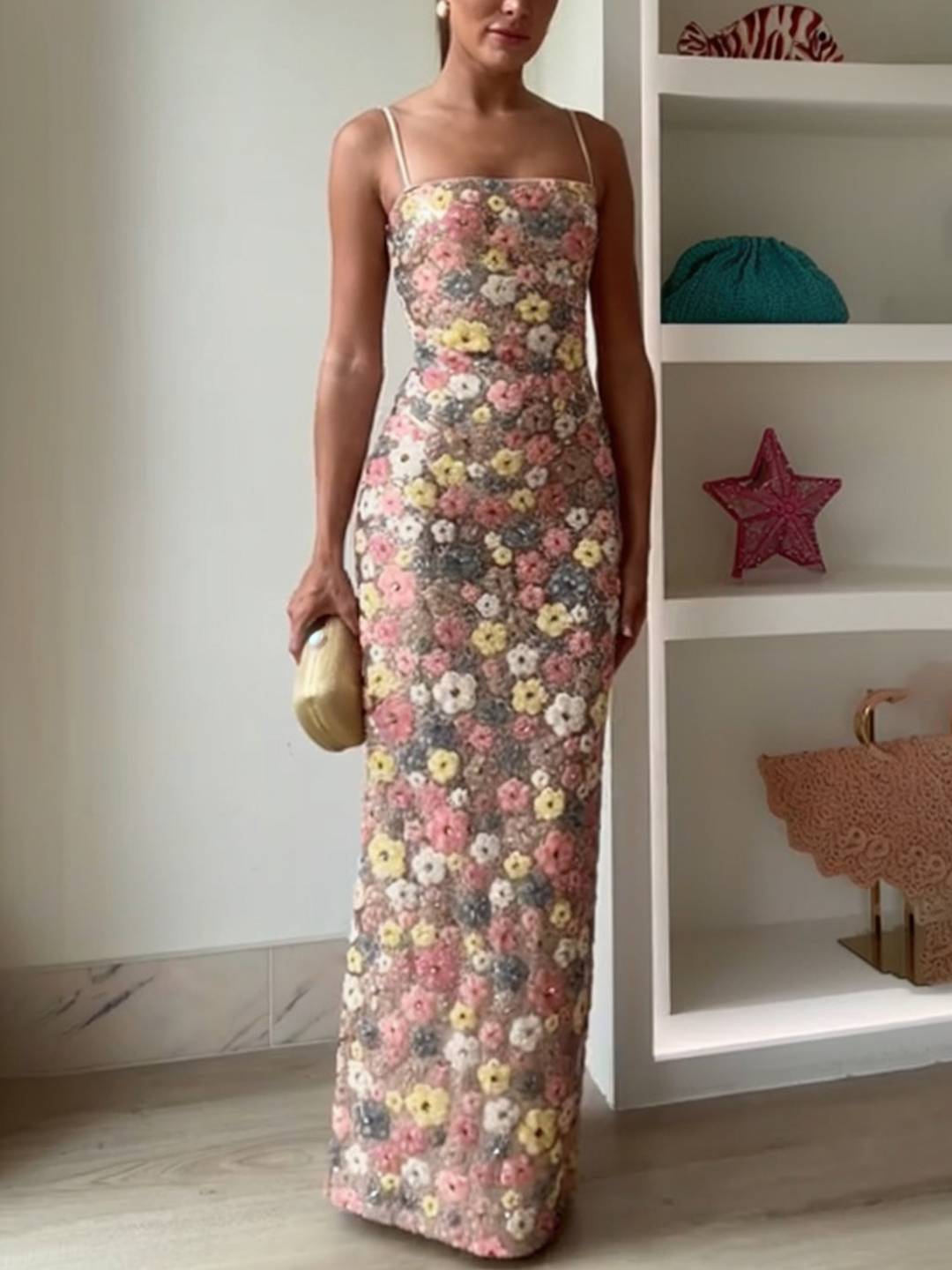 Cocolii robe longue moulante brillante paillette imprimé à fleurie à fines brides sans manches femme de soirée cérémonie