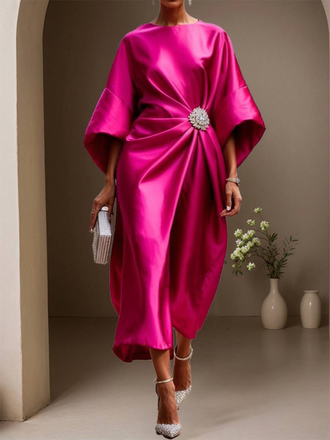 Cocolii robe longue en satin col rond manches longues femme élégant ample décontracté bal de promo cérémonie robe de soirée