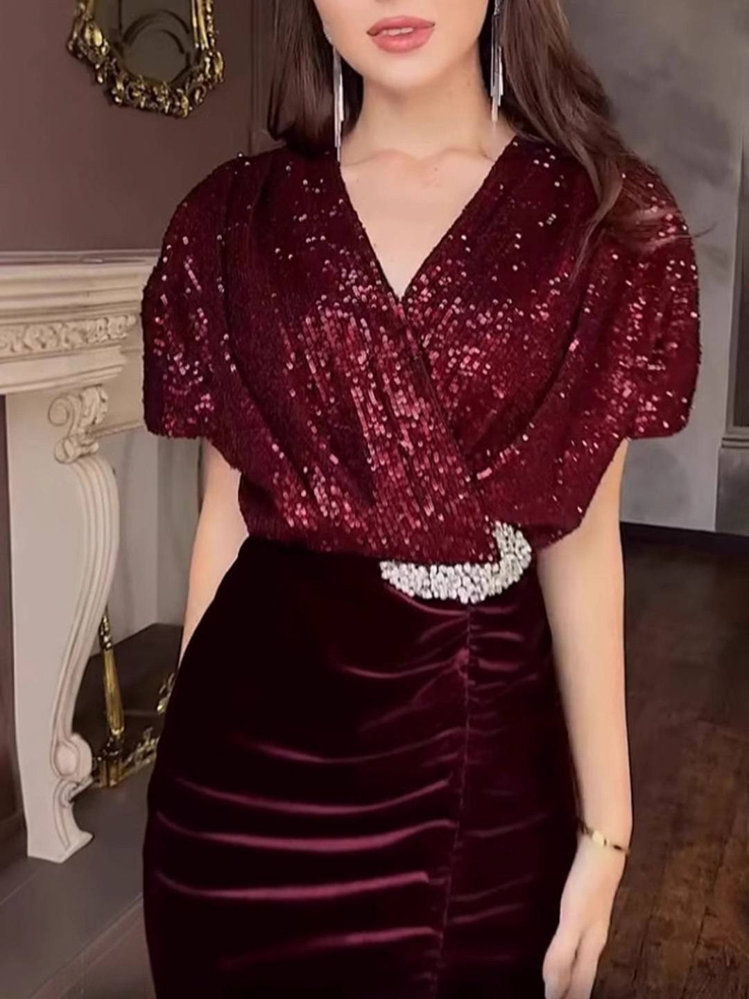 Cocolii longue robe de soirée femme brillante paillette v-cou manches courtes et jupe velours moulante élégant cérémonie