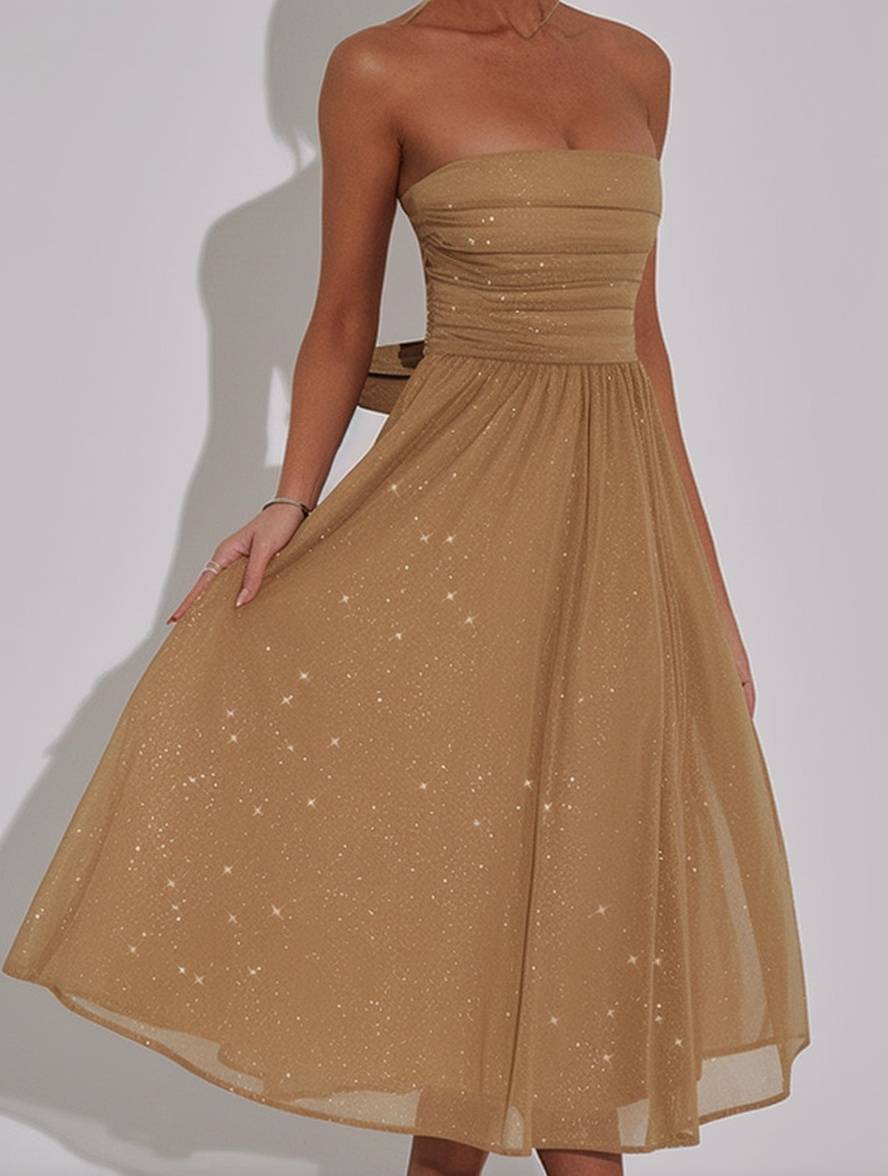 Cocolii mi-longue robe trapèze bouffante tutu tulle noeud papillon bustier dos nu sans manches femme élégant de soirée cocktail