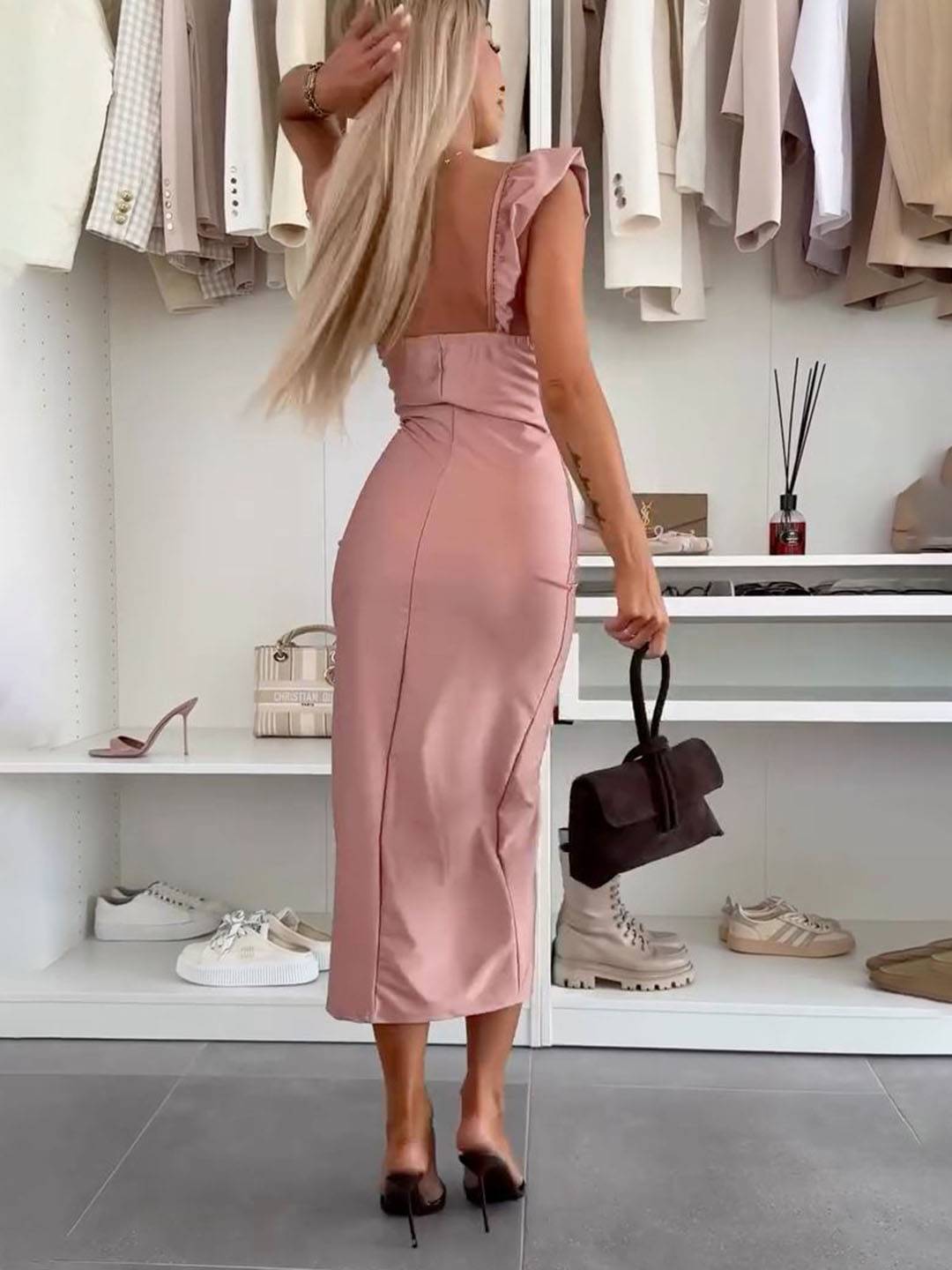 Cocolii mi-longue robe moulante fendu le côté dos nu bretelle sans manches femme doux élégant de cocktail