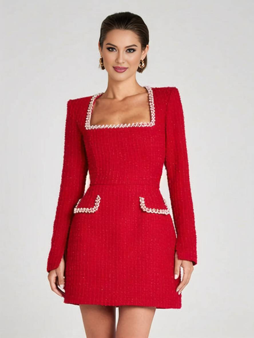 Cocolii robe courte tweed fendu poches manches longues femme vintage élégant de fete