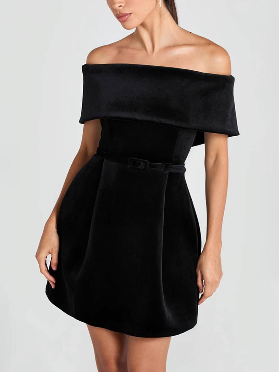 Cocolii robe courte trapèze velours col bateau poches ceinture femme élégant bal de promo fete de cocktail