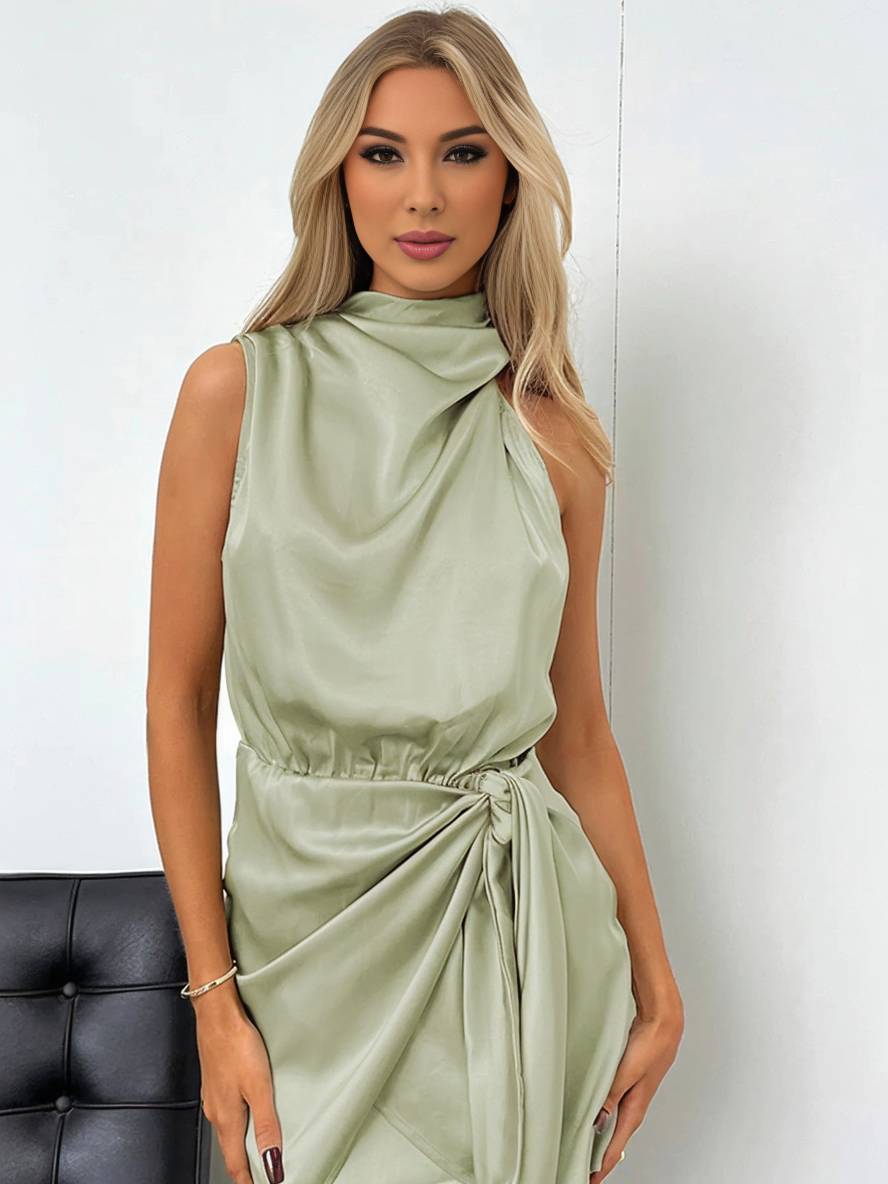 Cocolii robe courte irrégulière ceinture col roulé licou sans manches femme élégant cérémonie invité mariage de cocktail