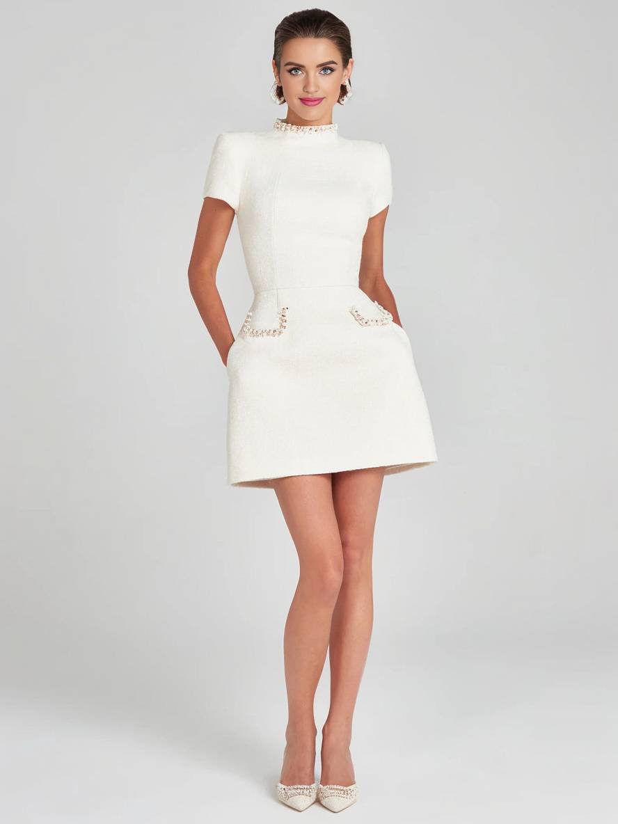 Cocolii robe courte tweed col roulé manches courtes poches femme style tailleur élégant de soirée pour mariage de cocktail