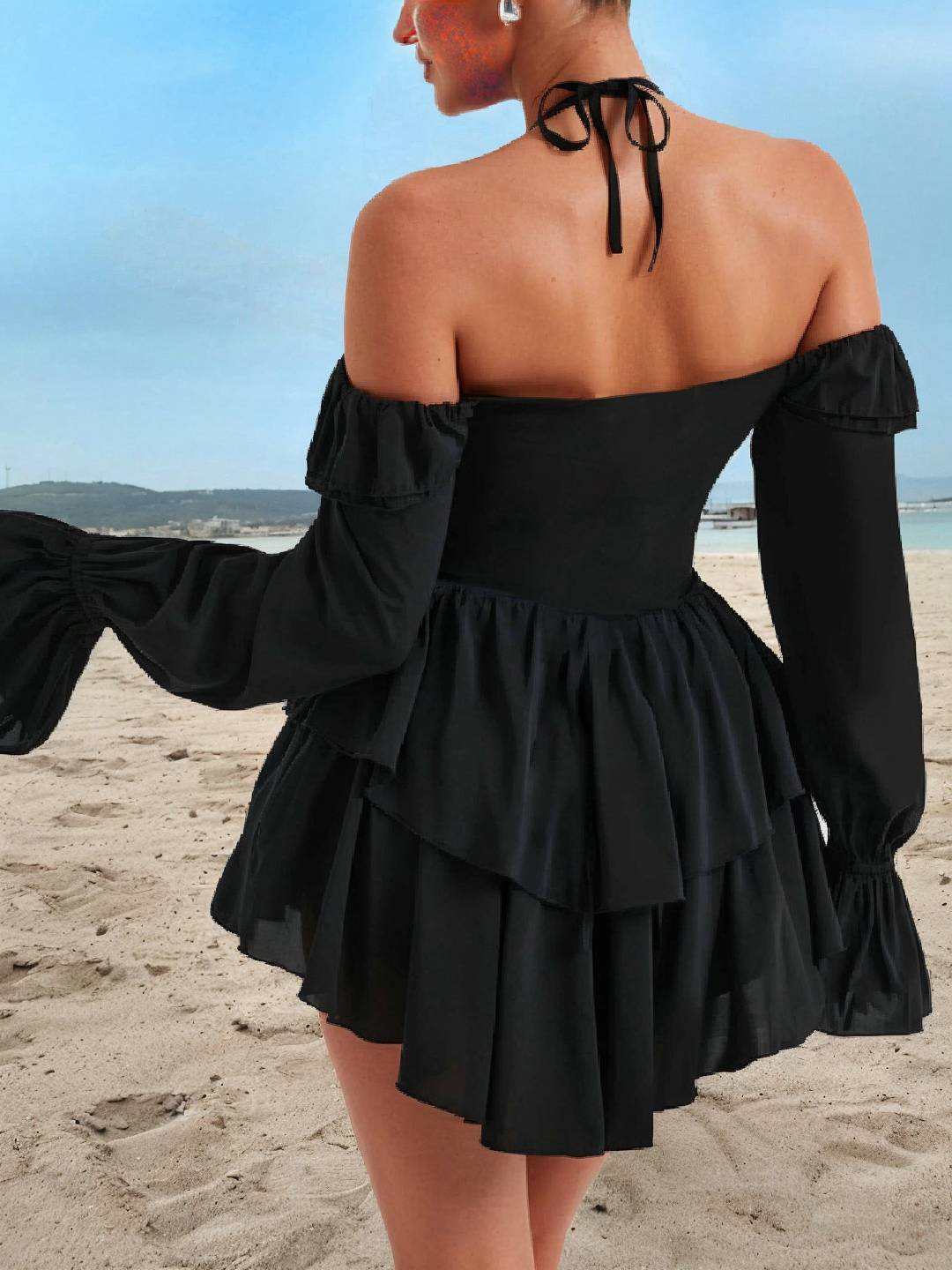 Cocolii robe courte col bateau à volantée dos nu manches évasées manches longues femme doux décontracté combinaisons