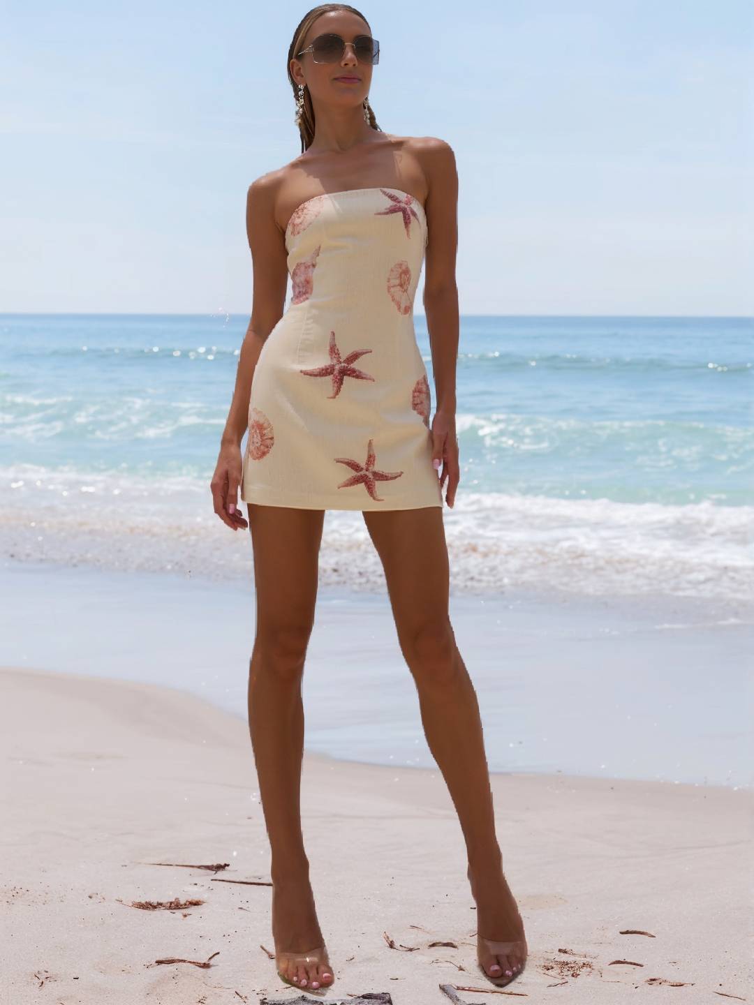 Cocolii robe courte bustier à motif coquillages et étoiles de mer décontracté pour vacances l'été