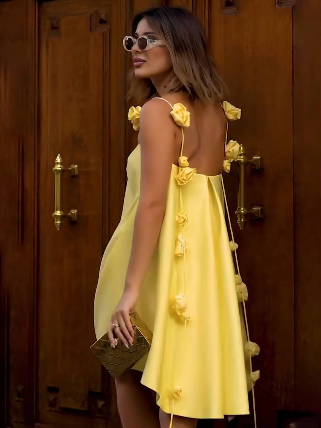 Cocolii robe courte trapèze fleurie en satin dos nu à fines brides femme doux élégant décontracté de cocktail anniversaire de plage