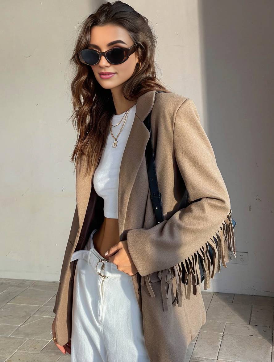 Cocolii blazer unicolore frange boutonnage poches manches longues femme élégant décontracté ample veste