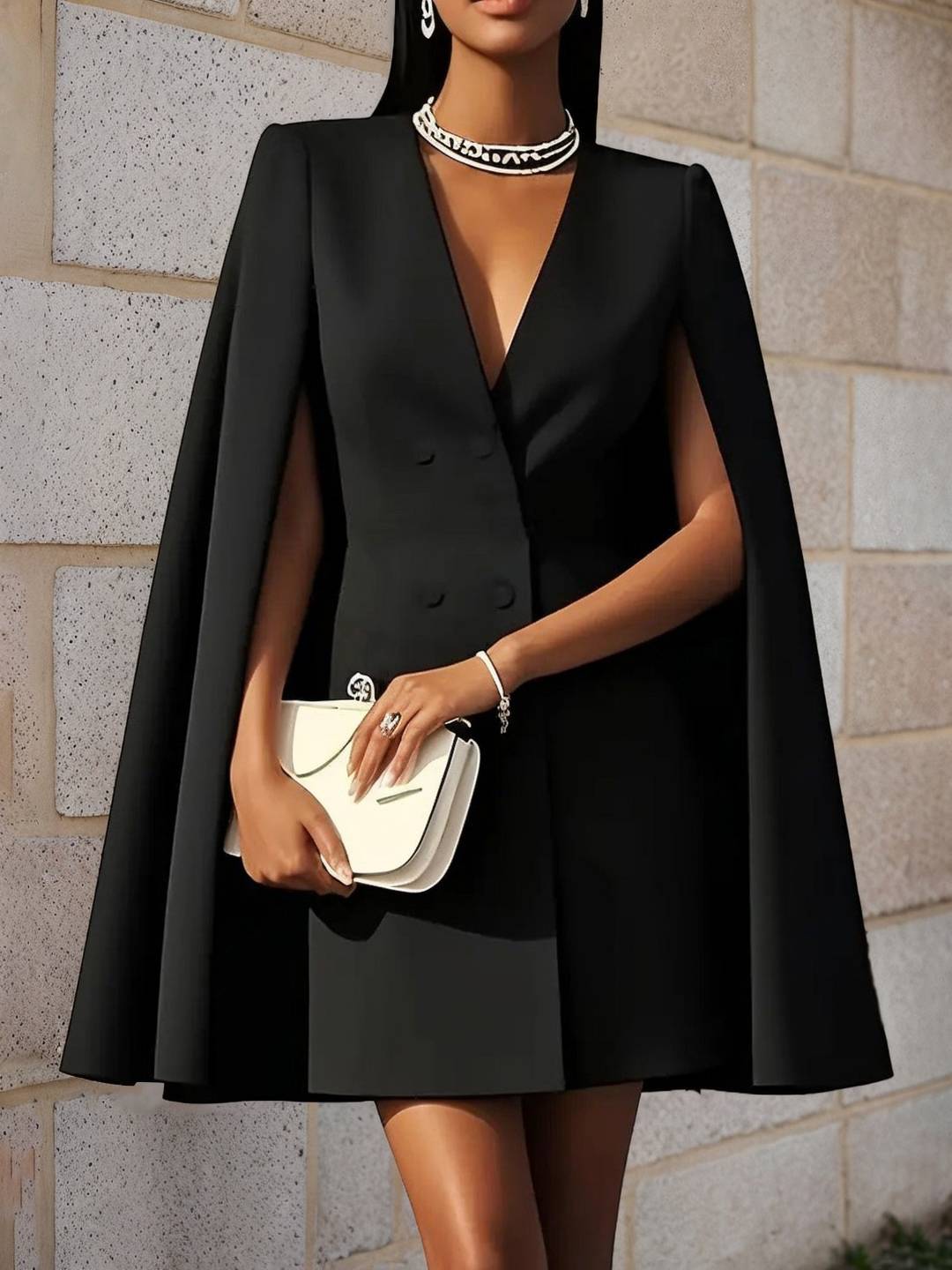 Cocolii veste cape courte style blazer double boutonnage v-cou manches longues fendues femme élégant pour soirées